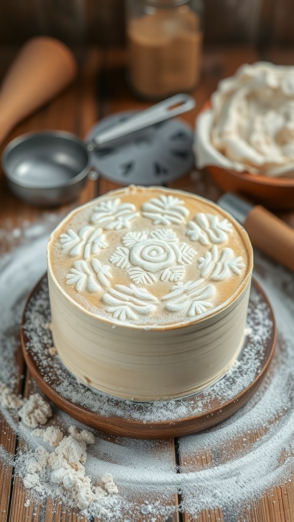 A decorated cake with flour designs on top, surrounded by baking tools.